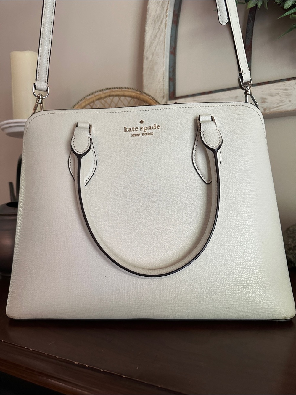 kate spade Cream Leather Satchel with Gold Logo